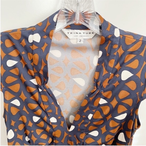 Trina Turk top orange navy blue mod retro empire waist zipper silk - Picture 6 of 9